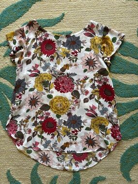 LOFT Floral Short Sleeve Top in White, gray, Yellow & Pink